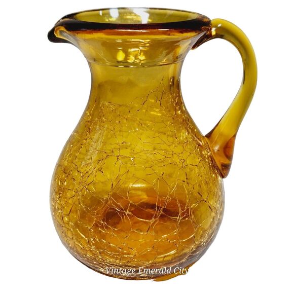 Vtg Handblown Cruet Mini Pitcher 4 In Amber Crackle Art Glass & Wooden Base Set - Picture 13 of 14